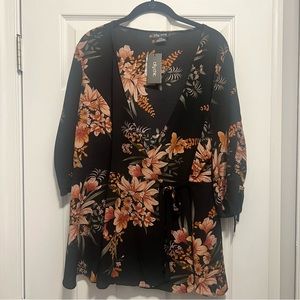 Black and orange wrap blouse